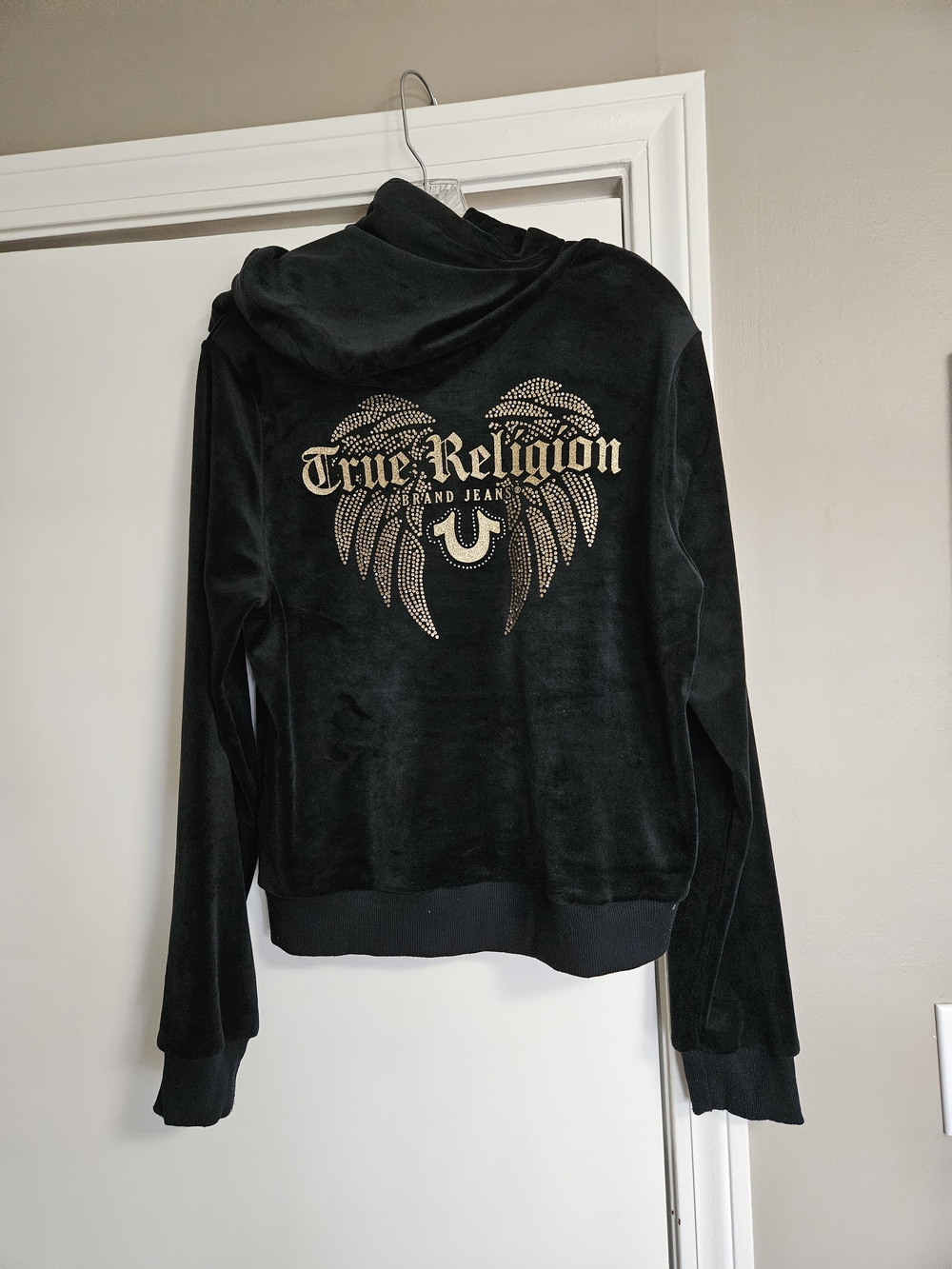 True Religion Black Velour Zip-Up Hoodie with Rhinestone Horseshoe